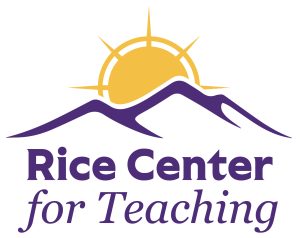 A yellow sun rises over a purple mountain range, with text, Rice Center for Teaching.
