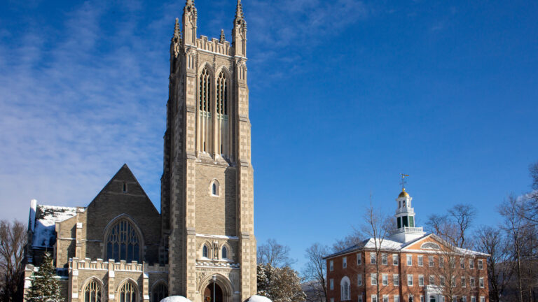 Thompson Chapel and Griffin Hall in the snow
