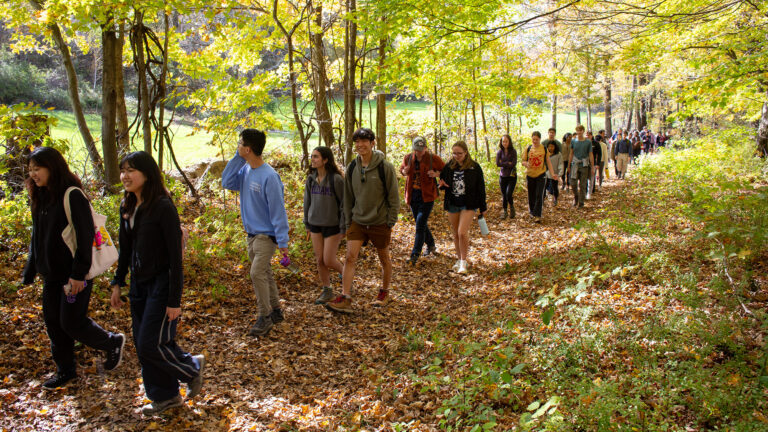 A large group of students walking on a flat trail in the woods