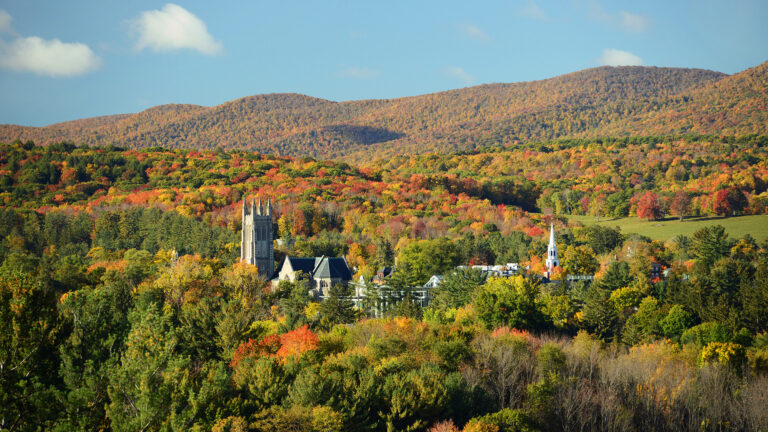 A panoramic view of Williams' campus nestled in the Berkshire hills in fall