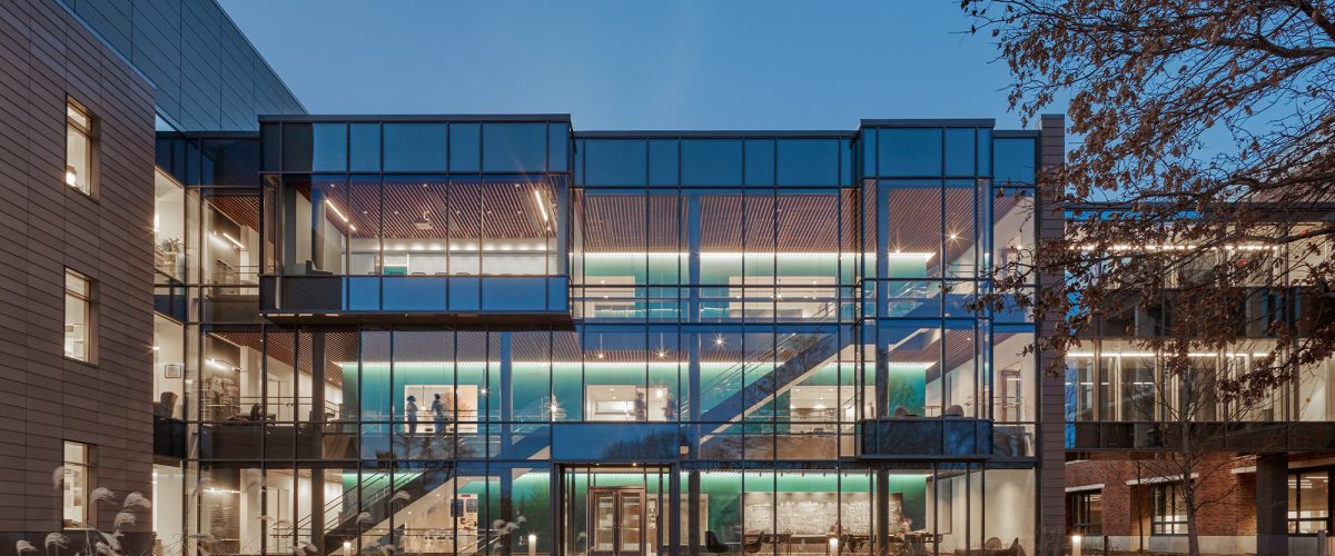 Wachenheim Science Center lit up at night