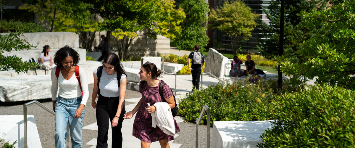 Students having a conversation while walking on campus