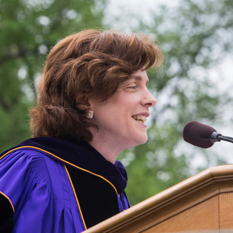 Williams President Maud Mandel giving a speech