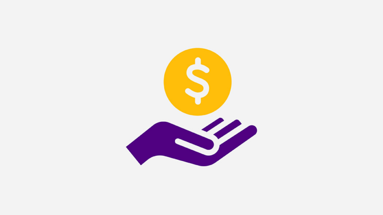 Icon of a yellow coin with a dollar sign on it falling into an open purple hand