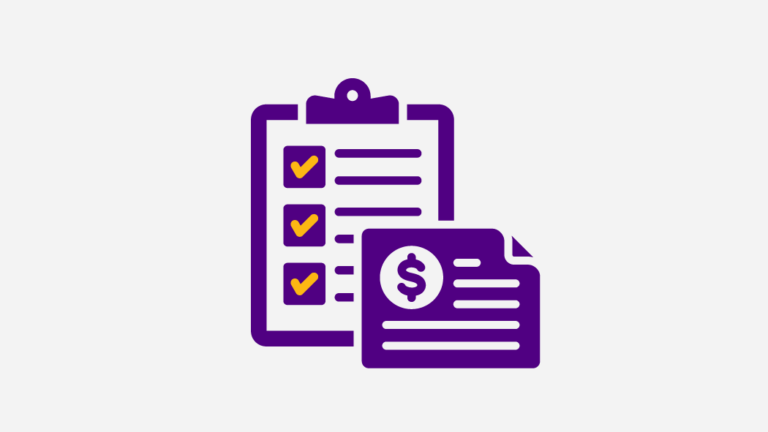 An icon of a clipboard with checkmarks on it, with a paper displaying a dollar sign atop it