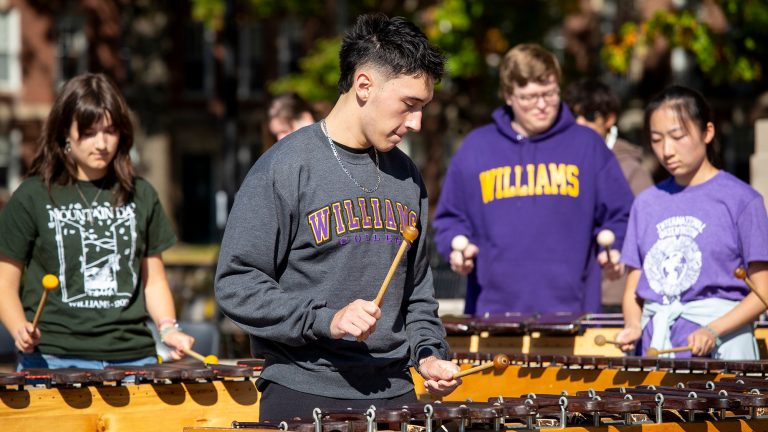 A group of students playing xylophones outside