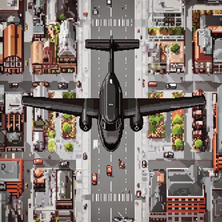 An illustration of an airplane flying directly above a city street, the cover image of the Williams Today article Birds-eye View