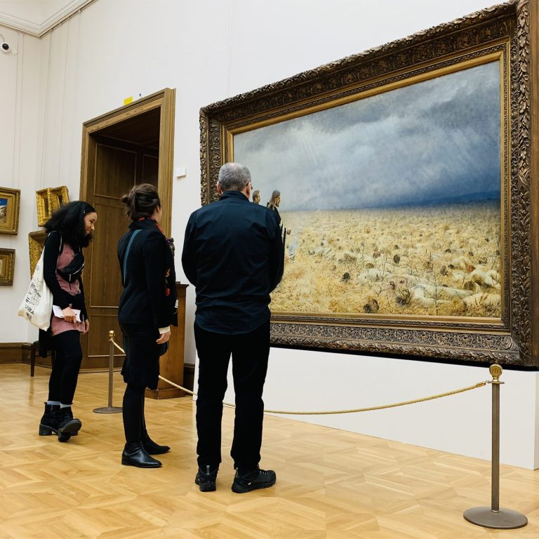 Marc Gottlieb, Emmelyn Butterfield-Rosen, and a student at the Old Tretyakov Gallery in Moscow