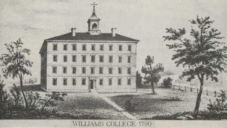 Archival postcard with a drawing of West College, the original Williams college building