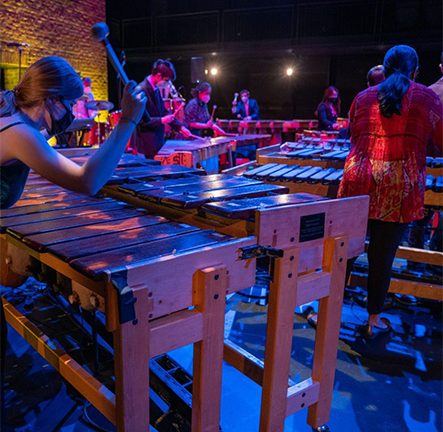 Students playing percussion instruments with mallets, cover image for Club Zambezi Dance Party!