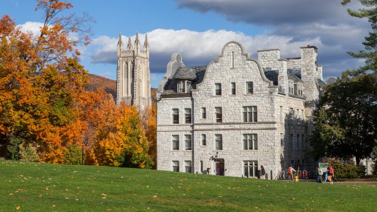 A view of campus buildings on a beautiful fall day