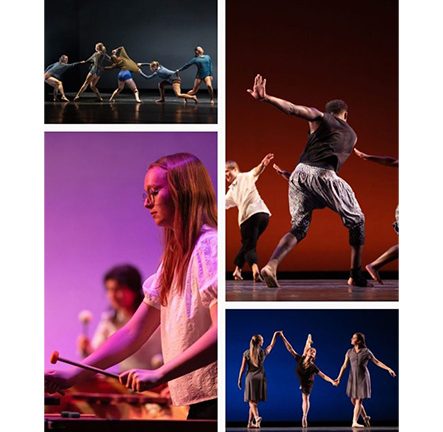 Compilation of images featuring students dancing and playing instruments, cover for Dance Department Spring Festival