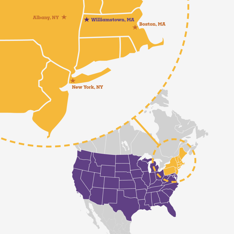 Map showing the location of Williamstown in relation to Boston, Albany, and New York City