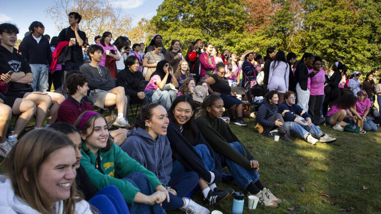 Students sitting on a hillside watching a performance.